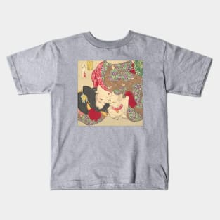 Teasing the cat. Beautiful Japanese woman with cat print Kids T-Shirt